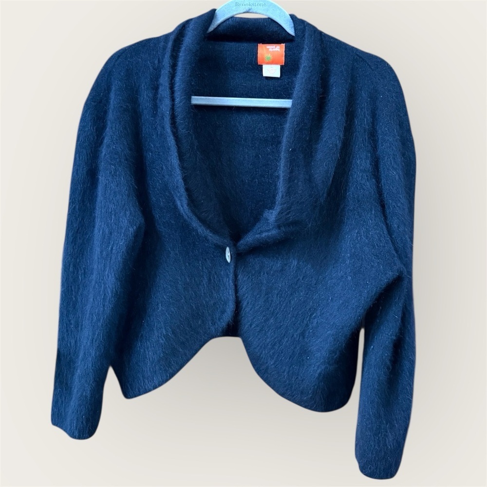 Women's Black Angora blend single button semi open cardigan EUC
